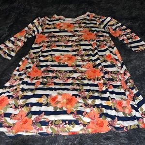 Honey & Lace Navy Stripe Floral Brea Pocket Dress Large